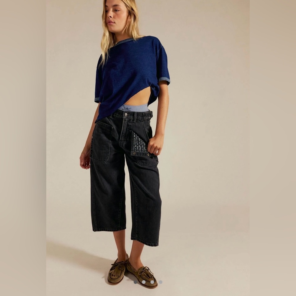 NEW We The Free - Free People Liberty Wide Crop Capri Jeans Washed Black Sz 28
